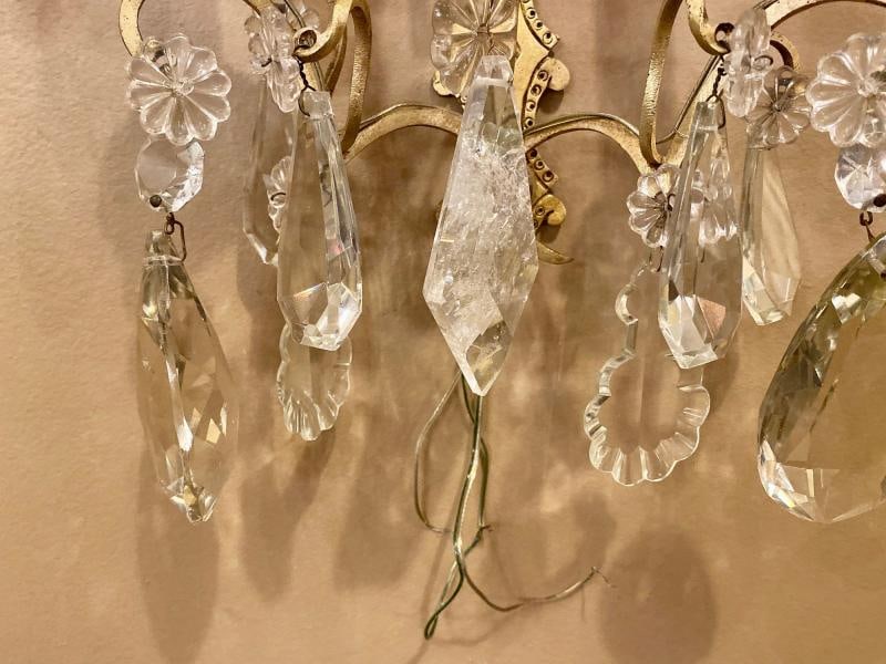 Pair of Two-Light Covered Mixed Crystal and Rock Crystal Bronze Wall Sconces - 9