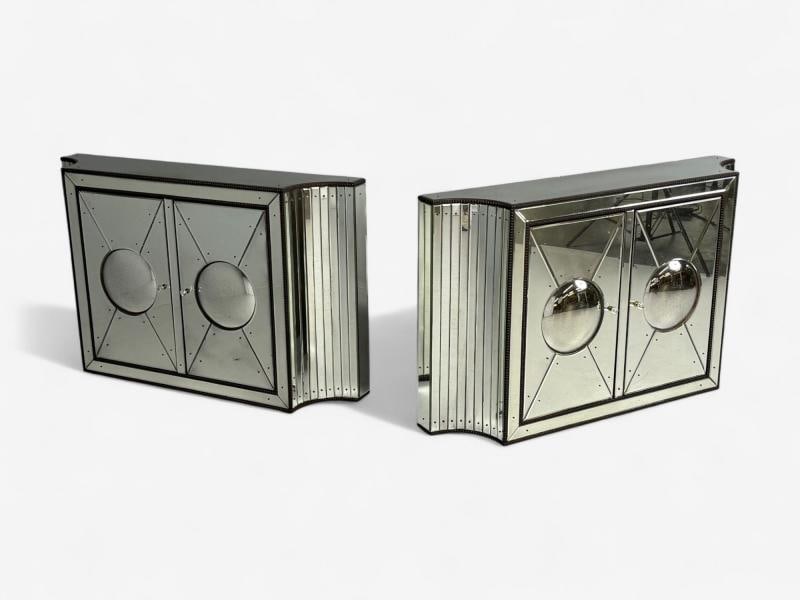 Art Deco Style, Antique Glass, Painted Wood, Concave Mirrored Cabinets - 7