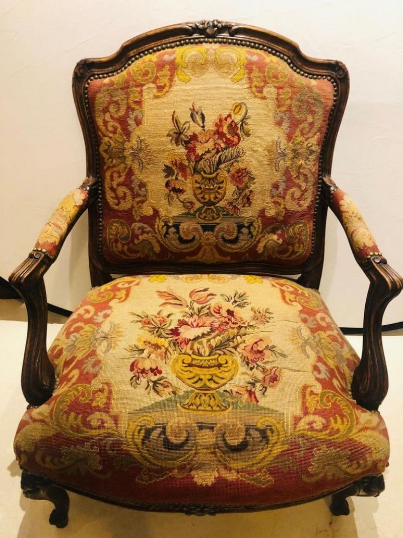 19th Century Louis XV Style Armchair Bergere Petite and Gros Point Upholstery - 12