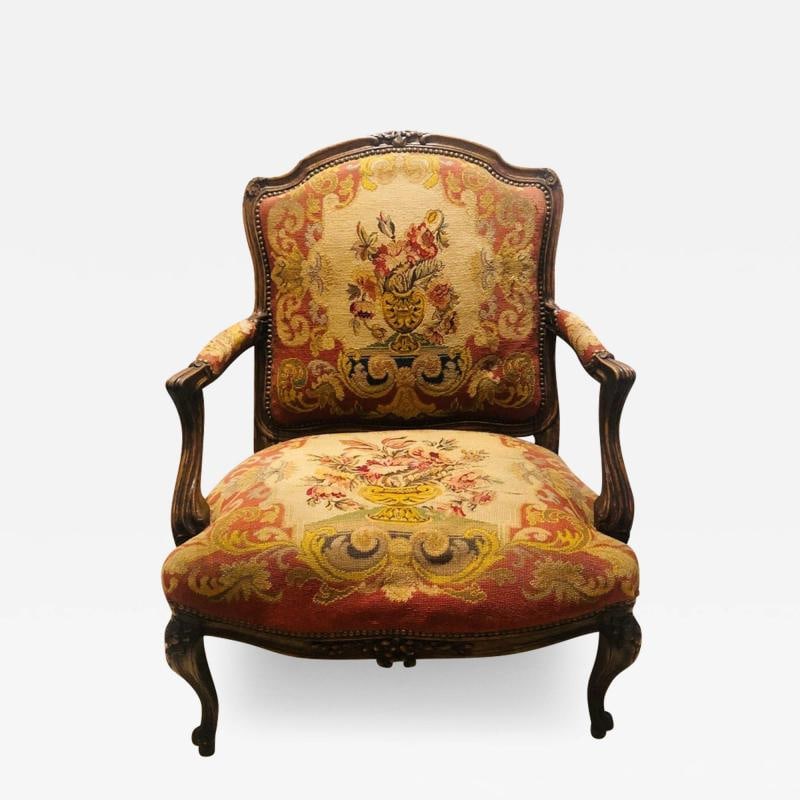 19th Century Louis XV Style Armchair Bergere Petite and Gros Point Upholstery: Title: 19th Century Louis XV Style Armchair Bergere Petite and Gros Point Upholstery Description: Description 1: A 19th century Louis XV style armchair or bergere. The fine petite and gros needlepoint