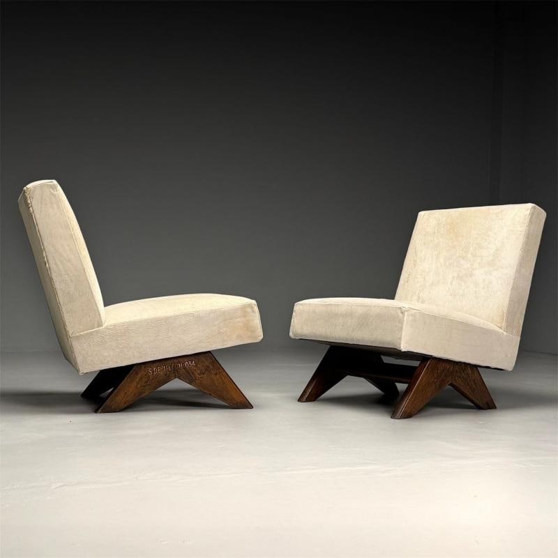 Pierre Jeanneret, French Mid-Century Modern, Slipper Chairs, White Cowhide, Teak - 2