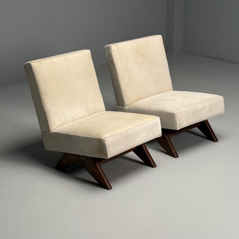 Pierre Jeanneret, French Mid-Century Modern, Slipper Chairs, White Cowhide, Teak - 3