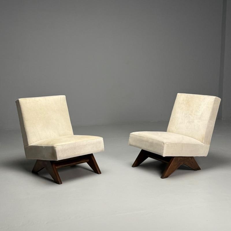 Pierre Jeanneret, French Mid-Century Modern, Slipper Chairs, White Cowhide, Teak - 4
