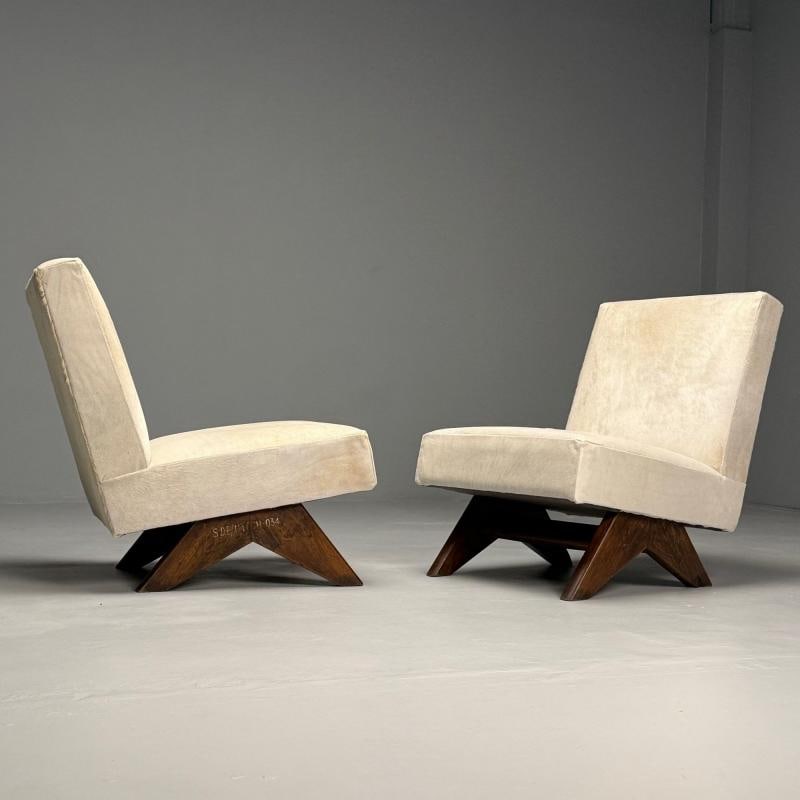 Pierre Jeanneret, French Mid-Century Modern, Slipper Chairs, White Cowhide, Teak - 5