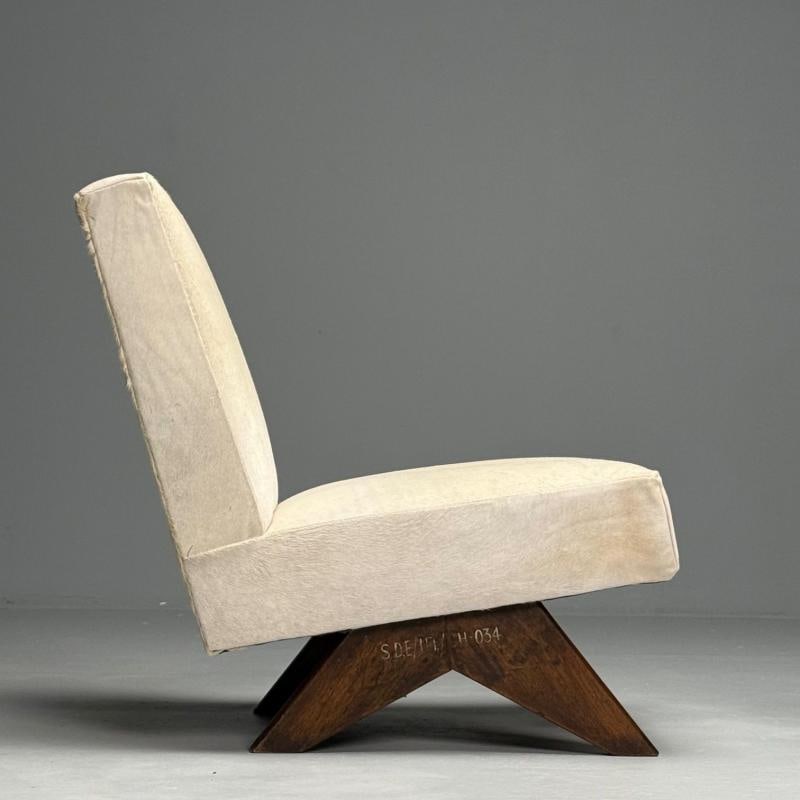 Pierre Jeanneret, French Mid-Century Modern, Slipper Chairs, White Cowhide, Teak - 6