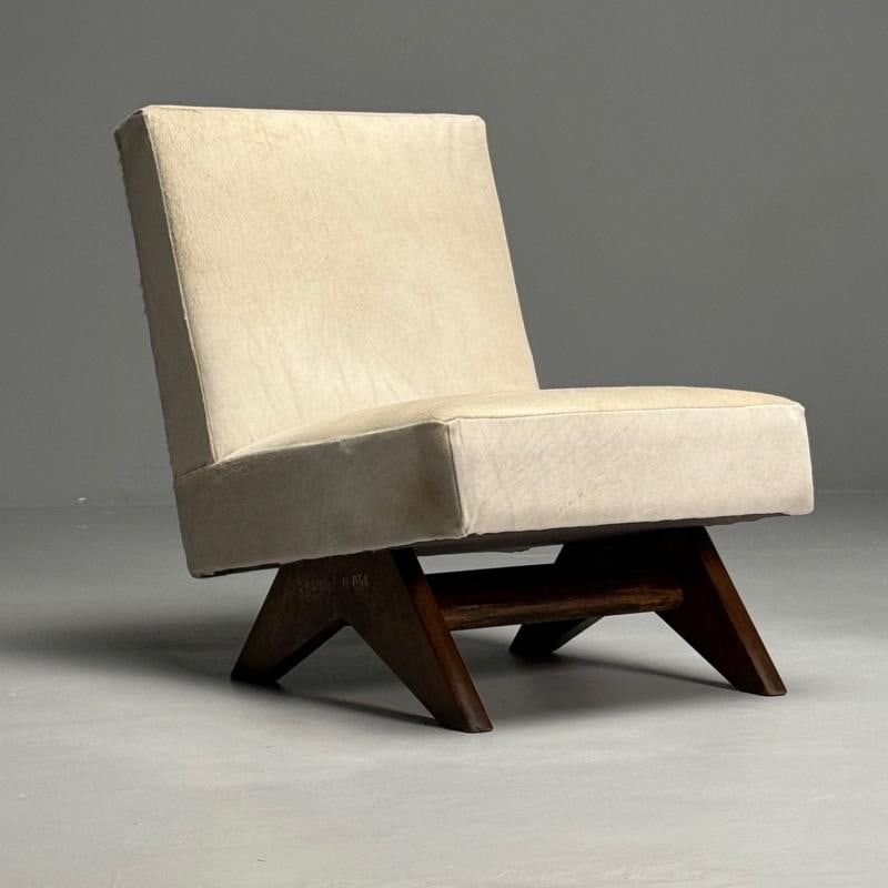 Pierre Jeanneret, French Mid-Century Modern, Slipper Chairs, White Cowhide, Teak - 7