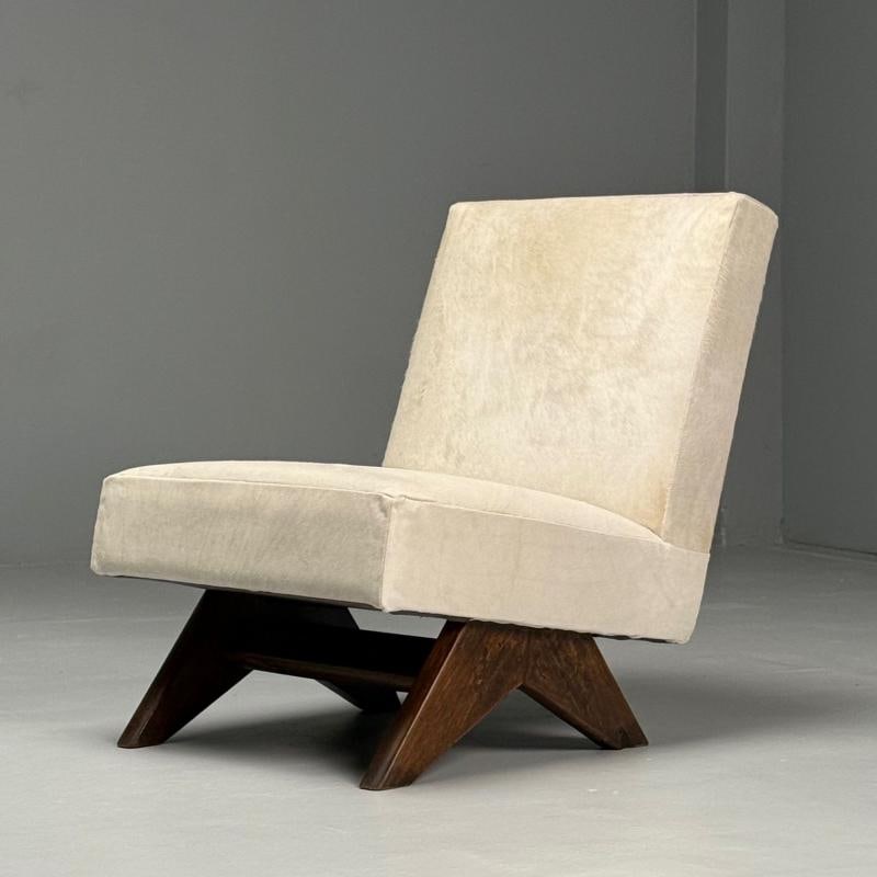 Pierre Jeanneret, French Mid-Century Modern, Slipper Chairs, White Cowhide, Teak - 8