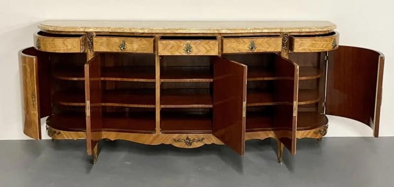 French Louis XV Style Sideboard, Inlaid, Marble Top, Monumental, Bronze Mounted - 11