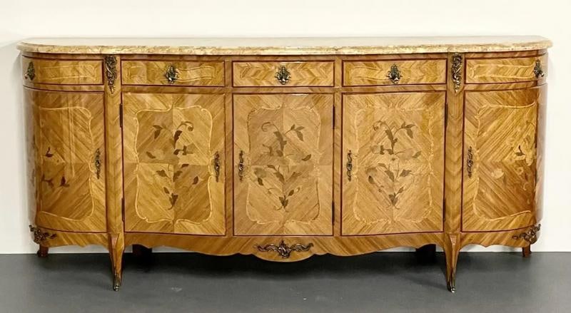 French Louis XV Style Sideboard, Inlaid, Marble Top, Monumental, Bronze Mounted - 12