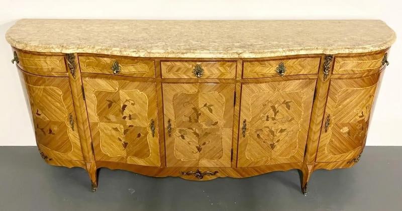 French Louis XV Style Sideboard, Inlaid, Marble Top, Monumental, Bronze Mounted - 3