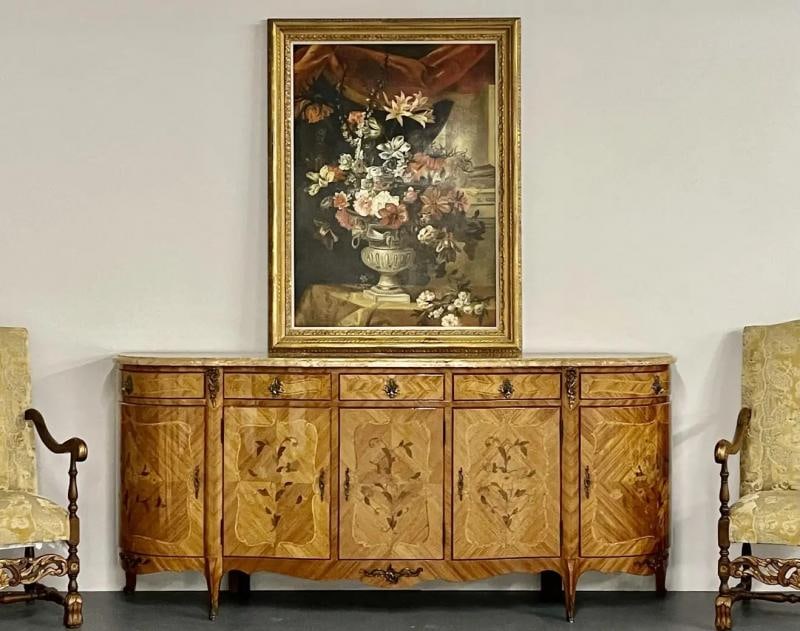 French Louis XV Style Sideboard, Inlaid, Marble Top, Monumental, Bronze Mounted - 4