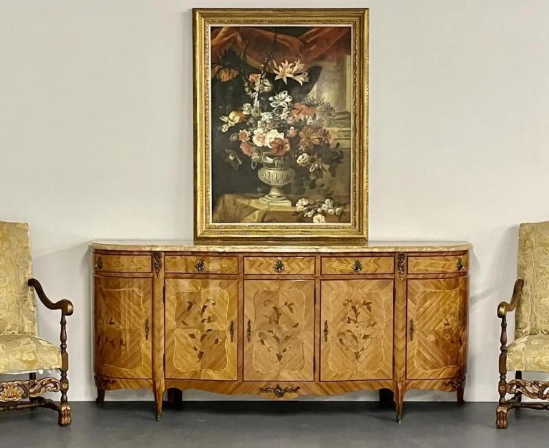 French Louis XV Style Sideboard, Inlaid, Marble Top, Monumental, Bronze Mounted - 7