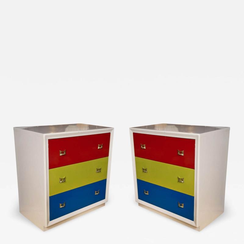 Pair of Mid-Century Modern Style Chests of Drawers / Commodes / Night Stands: Title: Pair of Mid-Century Modern Style Chests of Drawers / Commodes / Night Stands Description: Description 1: Pair of Mid-Century Modern style chests of drawers, each having the white painted