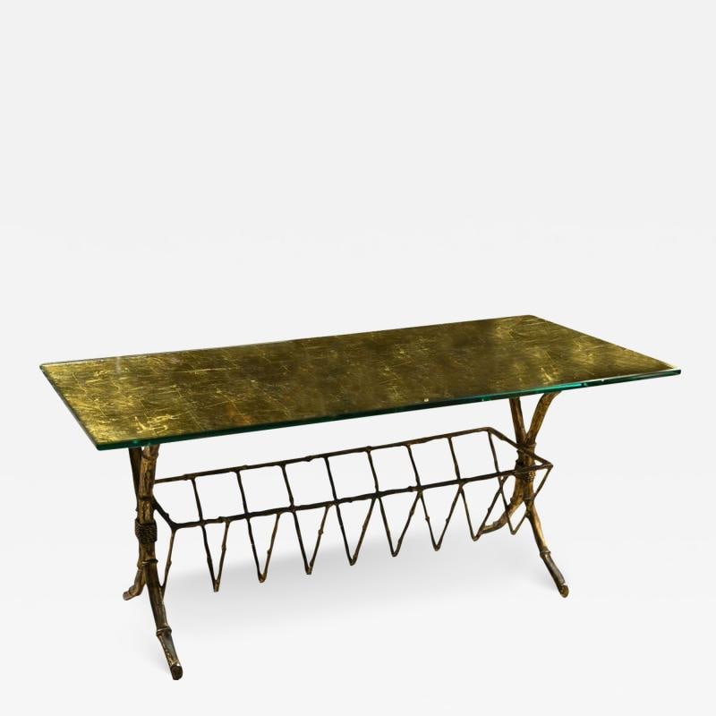 Gilt-Brass Gold Leaf Gold Leaf Glass Top Coffee Table With Magazine Shelf - 2