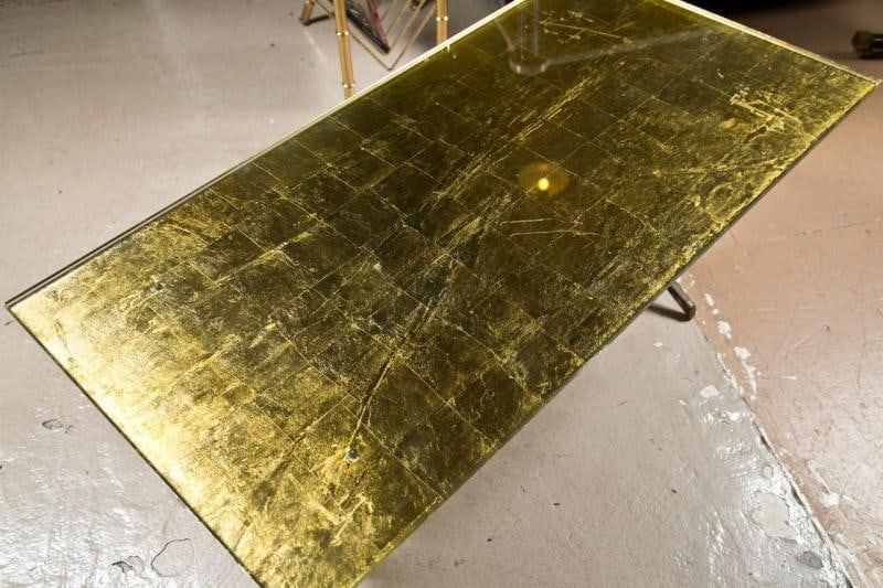 Gilt-Brass Gold Leaf Gold Leaf Glass Top Coffee Table With Magazine Shelf - 3