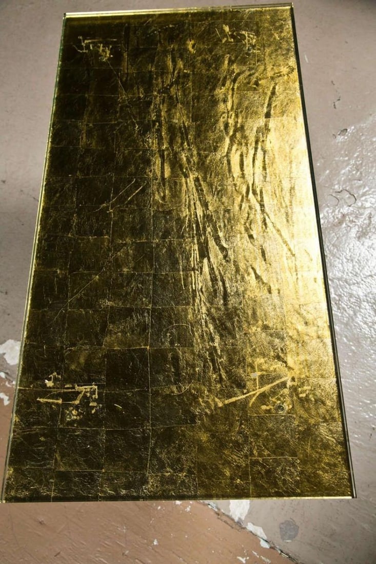 Gilt-Brass Gold Leaf Gold Leaf Glass Top Coffee Table With Magazine Shelf - 4
