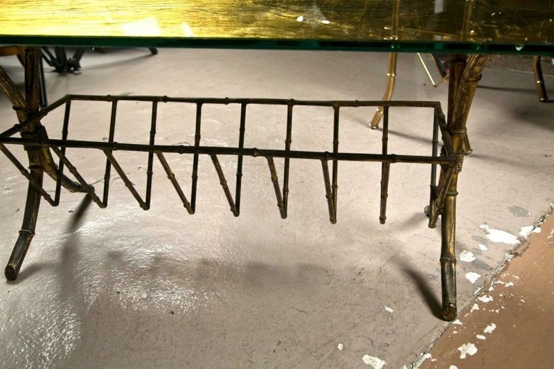 Gilt-Brass Gold Leaf Gold Leaf Glass Top Coffee Table With Magazine Shelf - 6