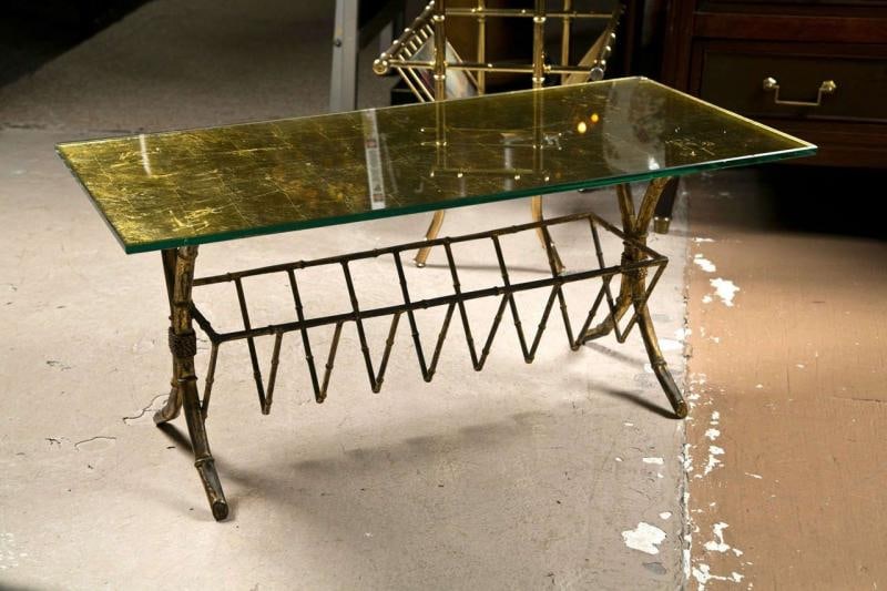 Gilt-Brass Gold Leaf Gold Leaf Glass Top Coffee Table With Magazine Shelf - 8