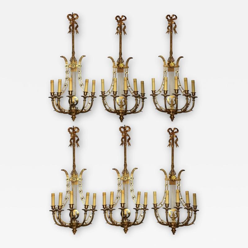 Louis XVI Style Harp / Lyre Back Bronze Wall Sconce. Set of Six: Title: Louis XVI Style Harp / Lyre Back Bronze Wall Sconce. Set of Six Description: Description 1: Group of six Louis XVI style harp back bronze wall sconce. This fine pair reminiscent of the