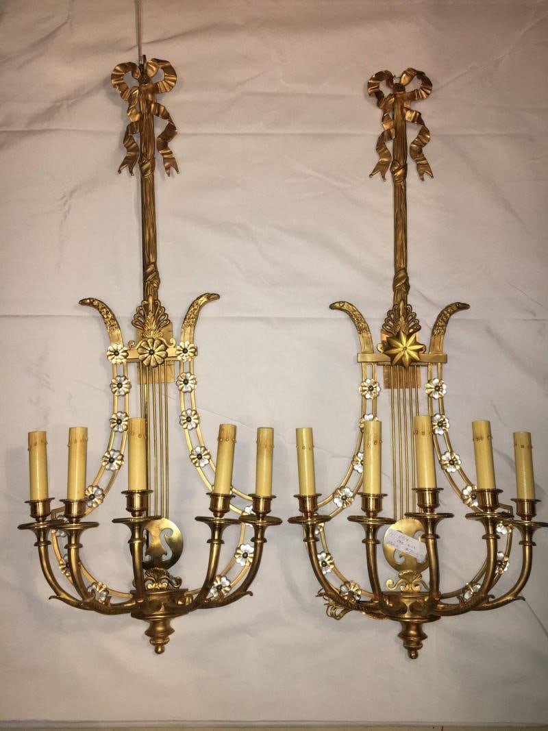 Louis XVI Style Harp / Lyre Back Bronze Wall Sconce. Set of Six - 2