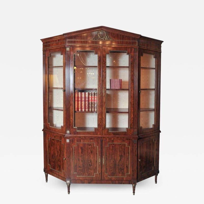 Custom-Made Maison Jansen Rosewood Breakfront Bookcase: Title: Custom-Made Maison Jansen Rosewood Breakfront Bookcase Description: Description 1: Finest rosewood and ormolu-mounted bookcase/breakfront with a beautifully carved ribbon-form medallion atop