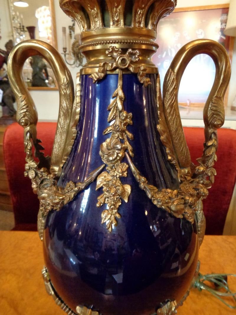 Sevres Style Cobalt Blue Porcelain & Bronze Swan Handle Urn Mounted as Lamp - 2