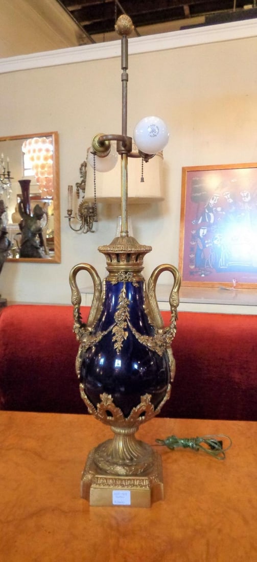 Sevres Style Cobalt Blue Porcelain & Bronze Swan Handle Urn Mounted as Lamp - 3