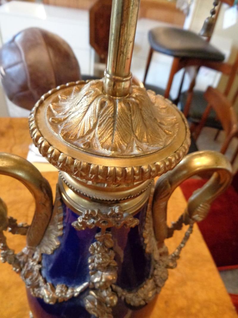 Sevres Style Cobalt Blue Porcelain & Bronze Swan Handle Urn Mounted as Lamp - 4