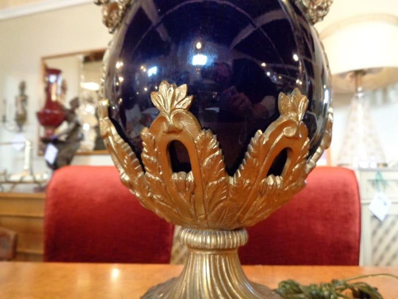 Sevres Style Cobalt Blue Porcelain & Bronze Swan Handle Urn Mounted as Lamp - 5