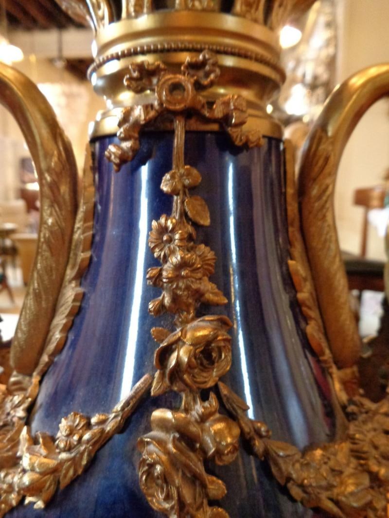 Sevres Style Cobalt Blue Porcelain & Bronze Swan Handle Urn Mounted as Lamp - 6