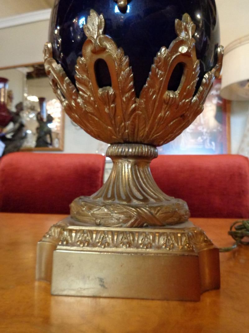 Sevres Style Cobalt Blue Porcelain & Bronze Swan Handle Urn Mounted as Lamp - 7