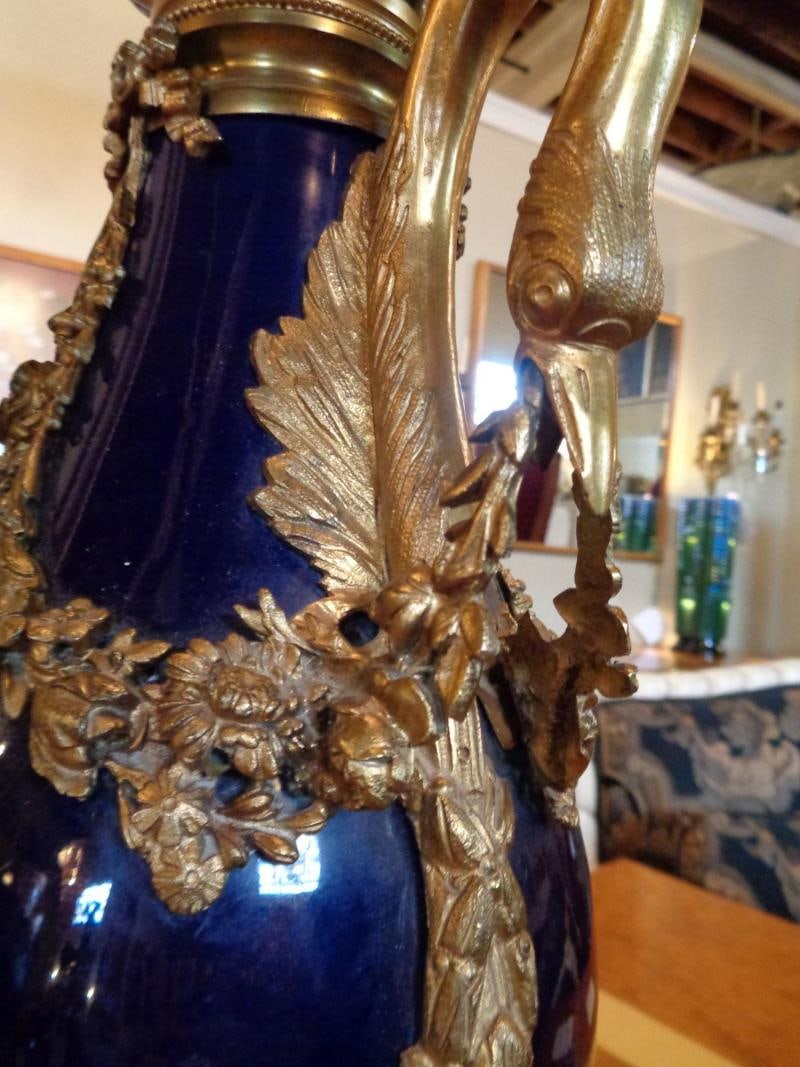 Sevres Style Cobalt Blue Porcelain & Bronze Swan Handle Urn Mounted as Lamp - 8