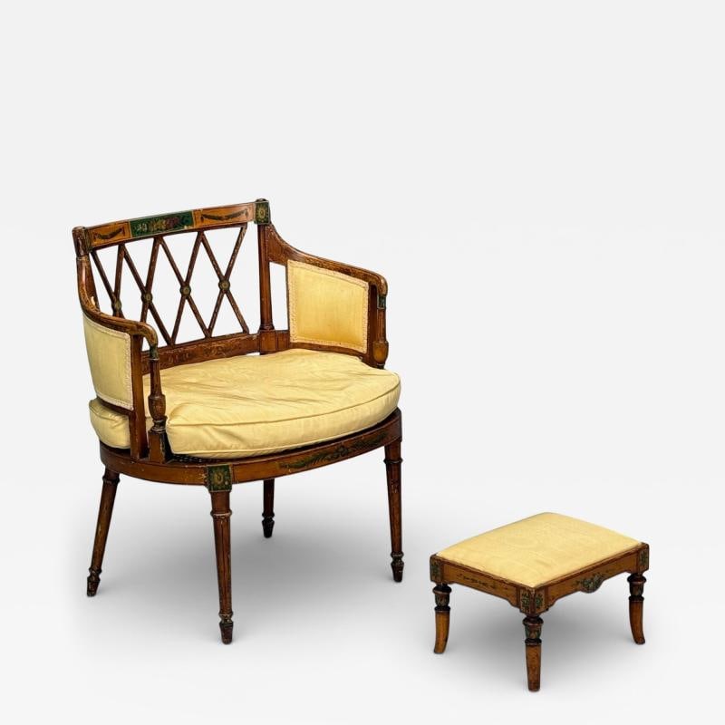 Adams Style, Chair and Ottoman, Painted Wood, Fabric, USA, 1930s: Title: Adams Style, Chair and Ottoman, Painted Wood, Fabric, USA, 1930s Description: Description 1: Adams Style, Chair and Ottoman, Painted Wood, Fabric, USA, 1930s An Adams style painted chair and ot