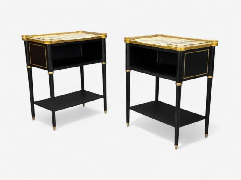 Maison Jansen Style, Hollywood Regency, Brass, Marble, Ebonized Open Nightstands - 3