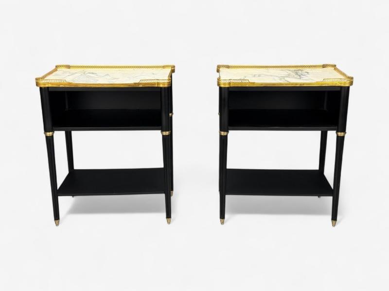 Maison Jansen Style, Hollywood Regency, Brass, Marble, Ebonized Open Nightstands - 4