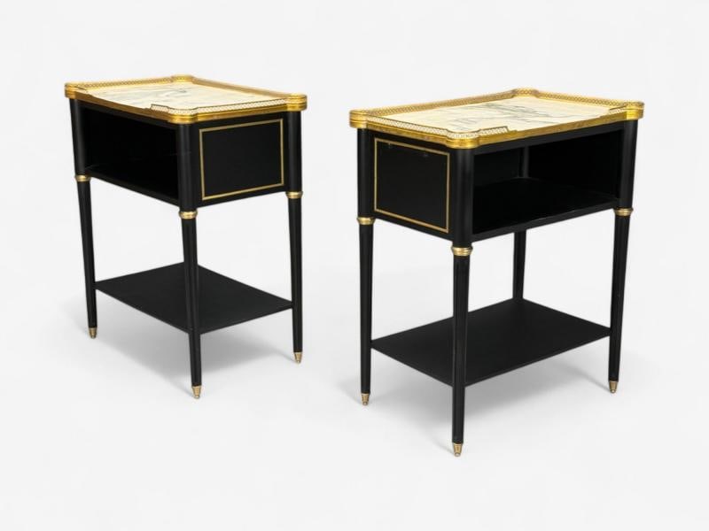 Maison Jansen Style, Hollywood Regency, Brass, Marble, Ebonized Open Nightstands - 5