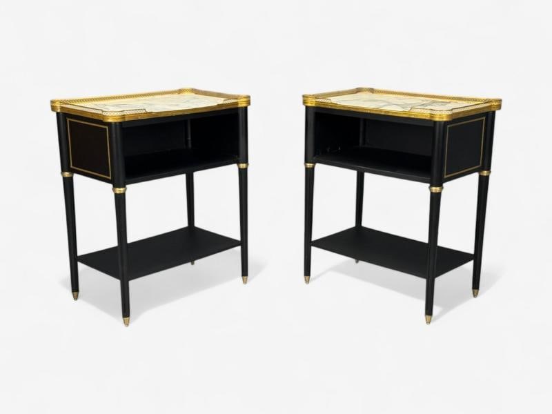 Maison Jansen Style, Hollywood Regency, Brass, Marble, Ebonized Open Nightstands - 7