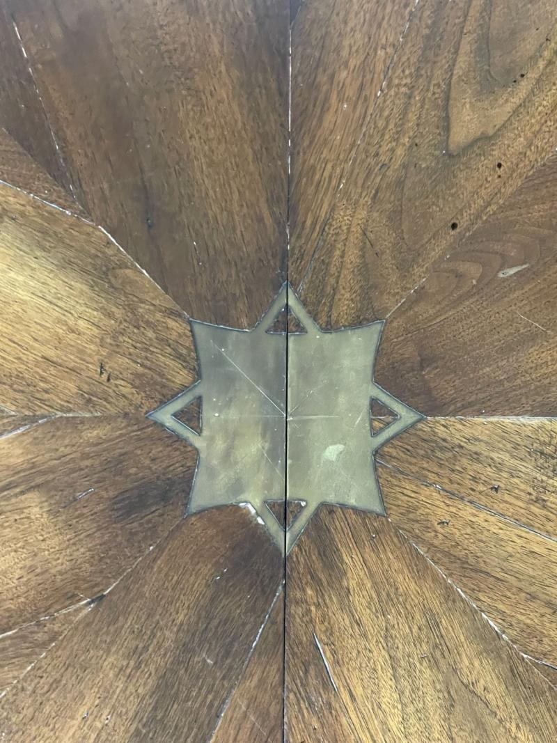 Split C-Leg Rustic Dining Table, Two Large Leaves, Brass Inlays - 12