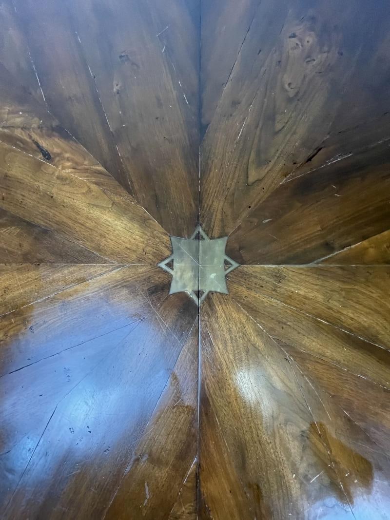 Split C-Leg Rustic Dining Table, Two Large Leaves, Brass Inlays - 9