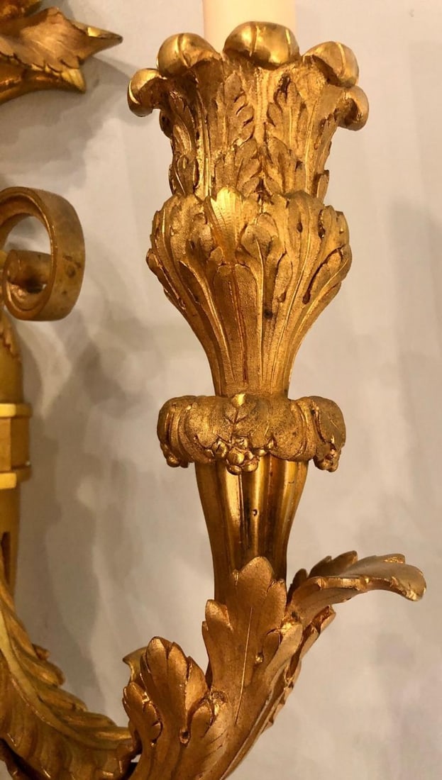 Pair of Three-Arm Bronze Wall Sconces French Louis XVI Style Bronze Dore - 10