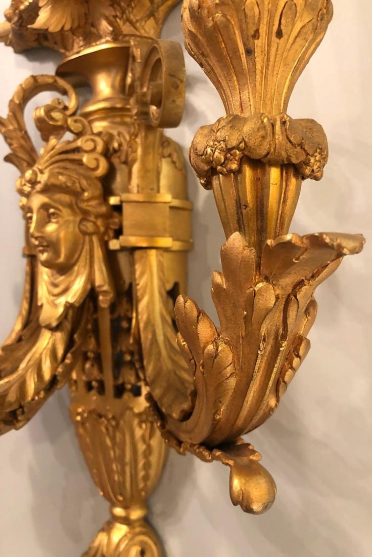 Pair of Three-Arm Bronze Wall Sconces French Louis XVI Style Bronze Dore - 11