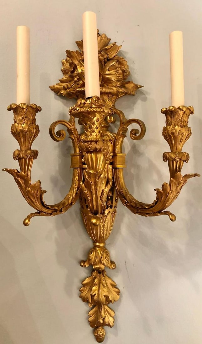 Pair of Three-Arm Bronze Wall Sconces French Louis XVI Style Bronze Dore - 2