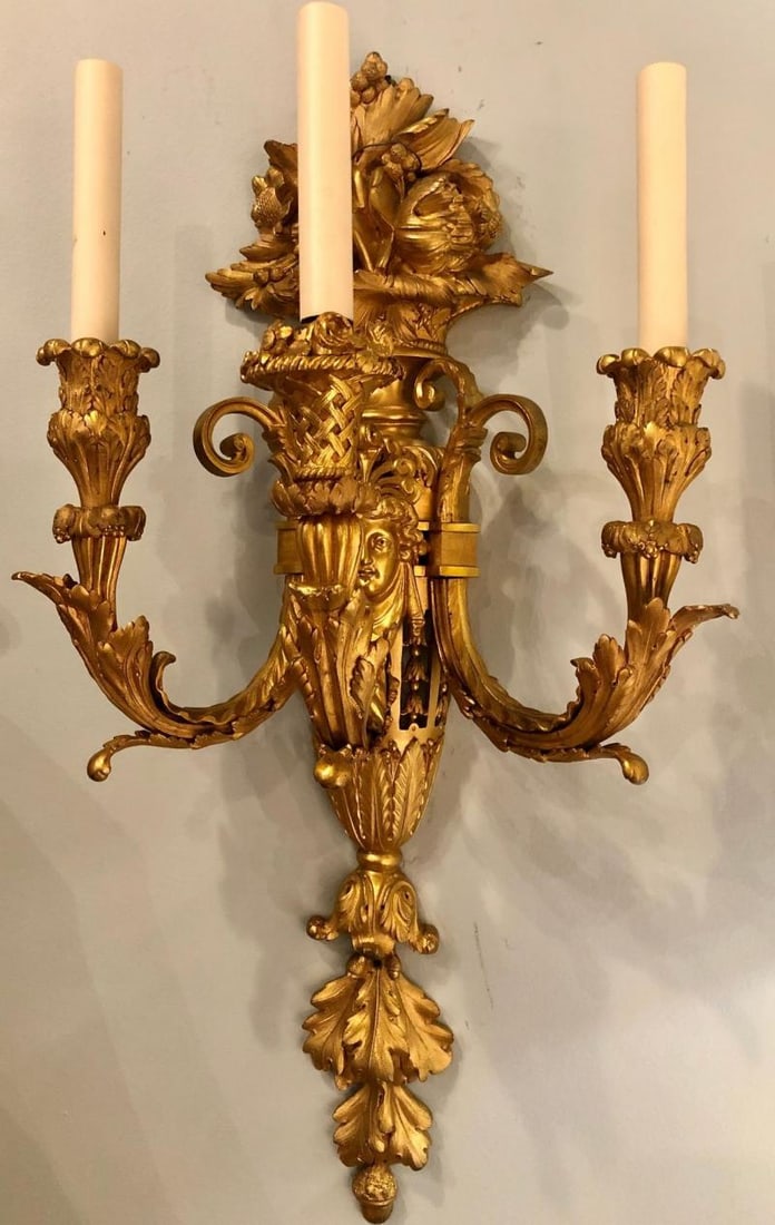Pair of Three-Arm Bronze Wall Sconces French Louis XVI Style Bronze Dore - 3