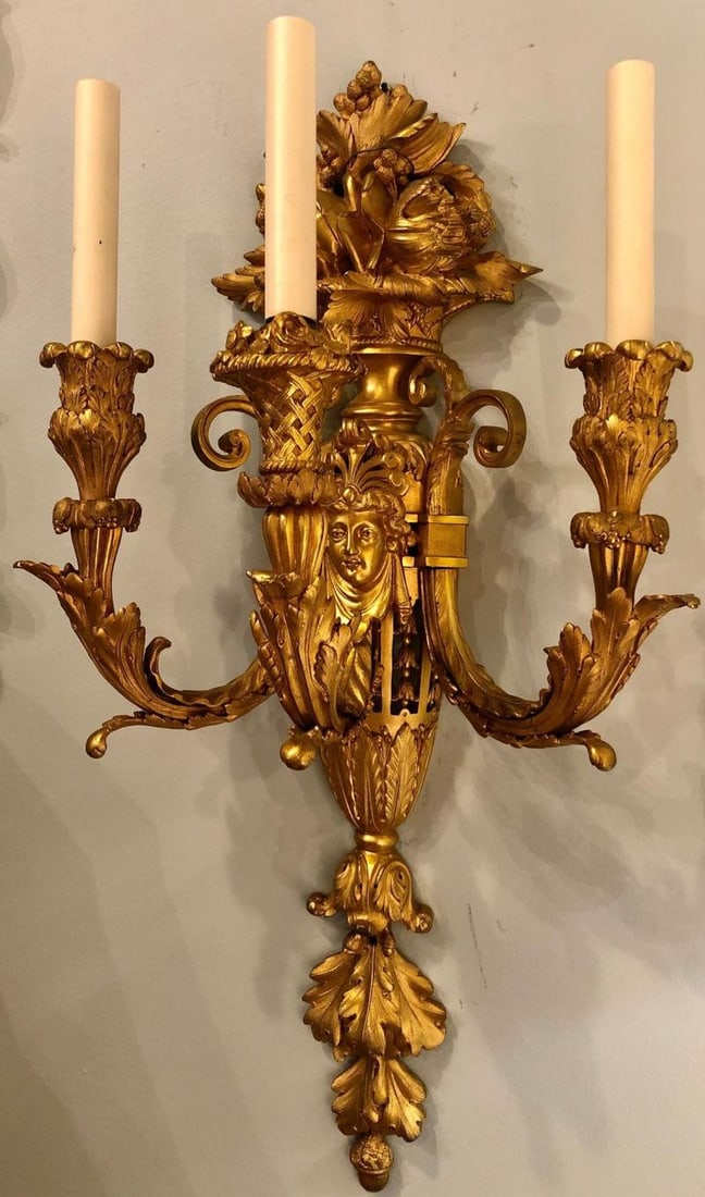 Pair of Three-Arm Bronze Wall Sconces French Louis XVI Style Bronze Dore - 4