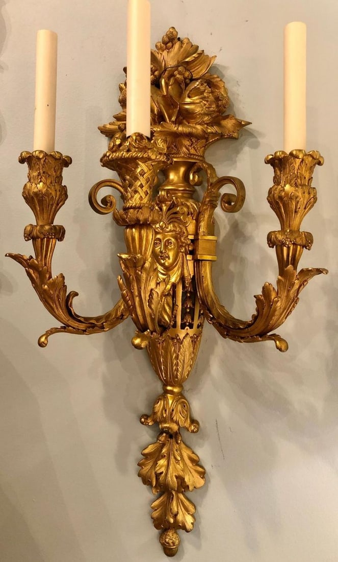 Pair of Three-Arm Bronze Wall Sconces French Louis XVI Style Bronze Dore - 5