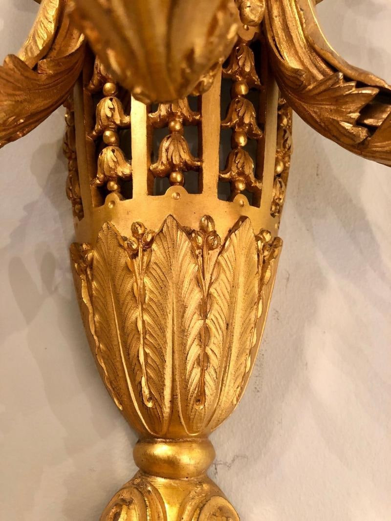 Pair of Three-Arm Bronze Wall Sconces French Louis XVI Style Bronze Dore - 7