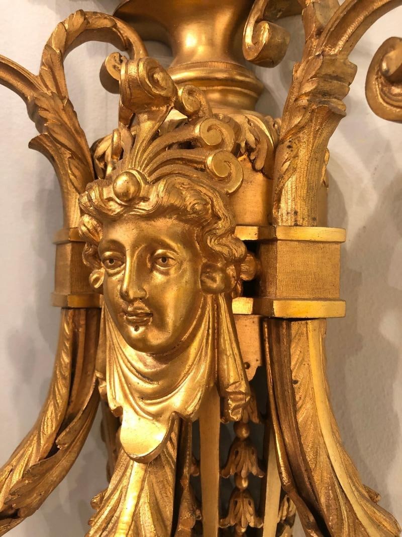 Pair of Three-Arm Bronze Wall Sconces French Louis XVI Style Bronze Dore - 8