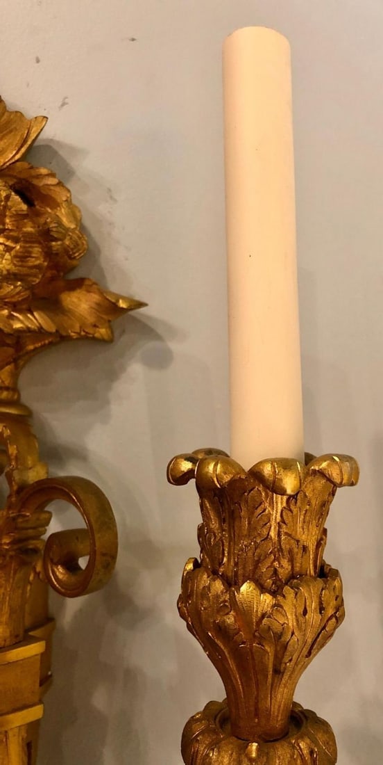 Pair of Three-Arm Bronze Wall Sconces French Louis XVI Style Bronze Dore - 9