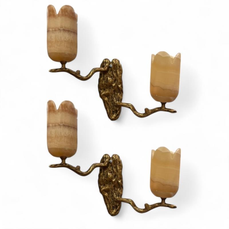 Contemporary, Modern Wall Sconces, Branch Motif, Bronze, Alabaster, 21st C. - 2