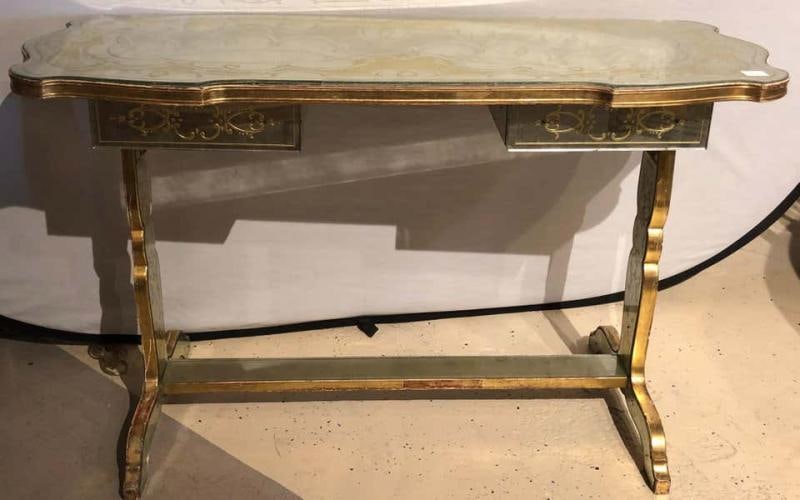 Jansen Fine Eglomise Double Drawer Etched Mirror and Silver Leaf Vanity Desk - 2